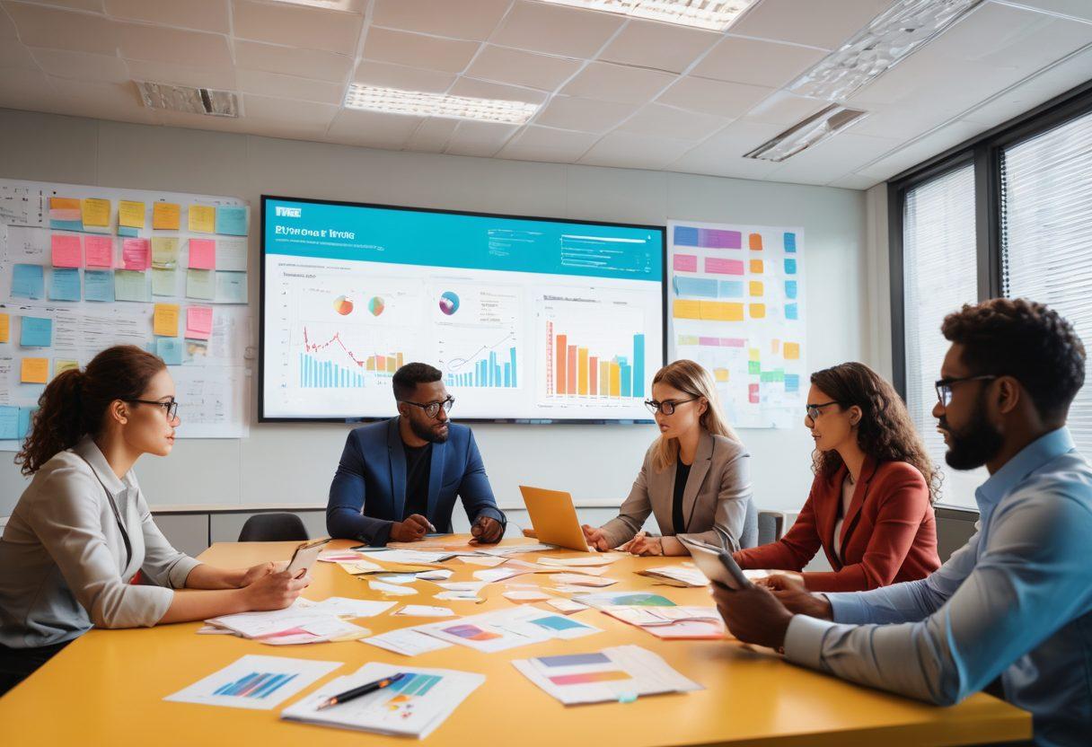 A group of diverse professionals sitting around a large table filled with paperwork and digital devices, brainstorming and sharing ideas about claims processing. Charts, graphs, and sticky notes are scattered across the table, while a large screen displays key statistics and tips for efficient processing. The atmosphere is collaborative and energetic, showcasing teamwork in action. Bright lighting creates a positive vibe. super-realistic. vibrant colors. 3D.