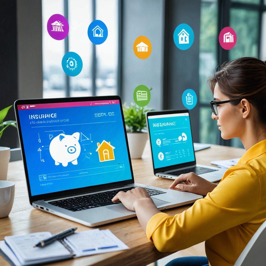 A person browsing a digital insurance comparison platform on a laptop, with floating icons representing various insurance types around them. In the background, there are elements symbolizing security and savings, like a shield, calculator, and a piggy bank. The scene is bright and inviting, showcasing a sense of empowerment and clarity in decision-making. modern style. vibrant colors. 3D.