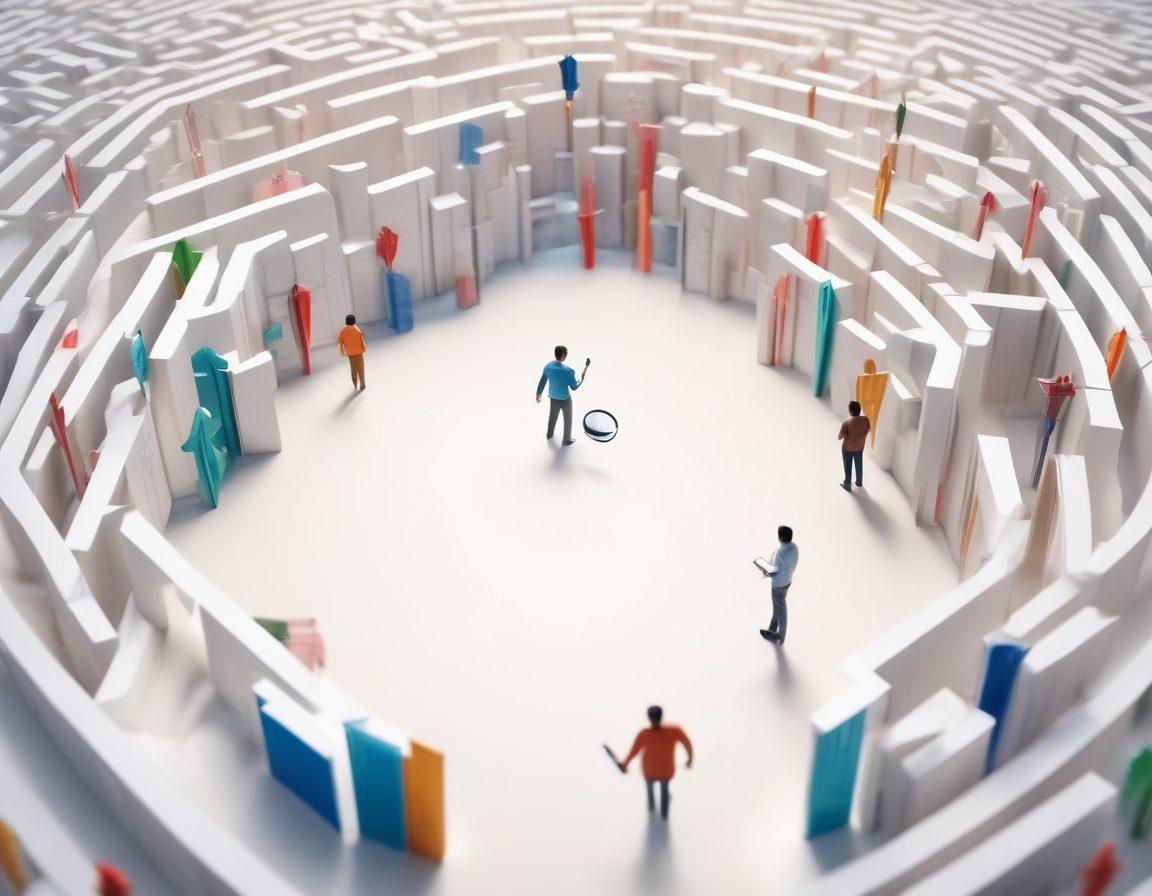 A labyrinthine maze made of various insurance policy documents, with diverse characters representing different types of coverage like health, auto, and home insurance. In the foreground, a person holding a magnifying glass, symbolizing guidance, is looking for a way through the maze, while light filters in, illuminating the path ahead. The atmosphere conveys clarity amidst confusion, with colorful arrows pointing towards solutions. super-realistic. vibrant colors. white background.